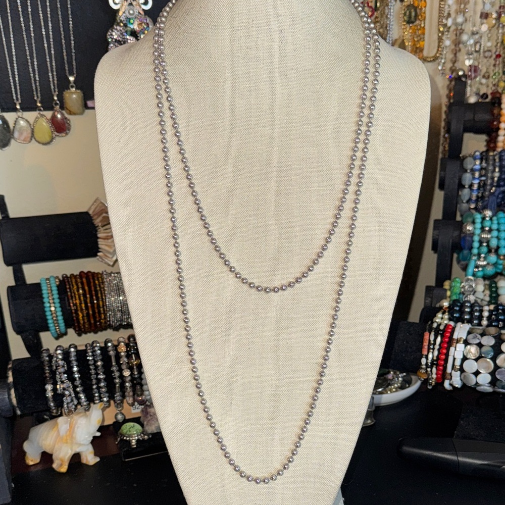 Vintage Crown Trifari Long Silver Textured Beaded Necklace